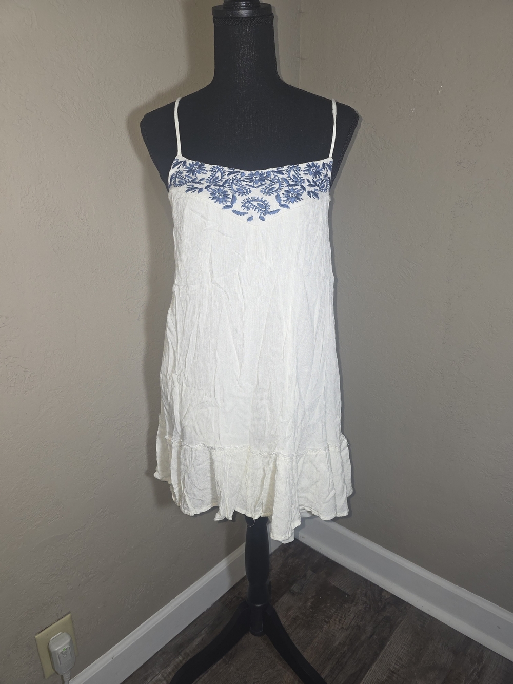 Dainty Hooligan White Tank Dress with Blue Embroidered Yoke